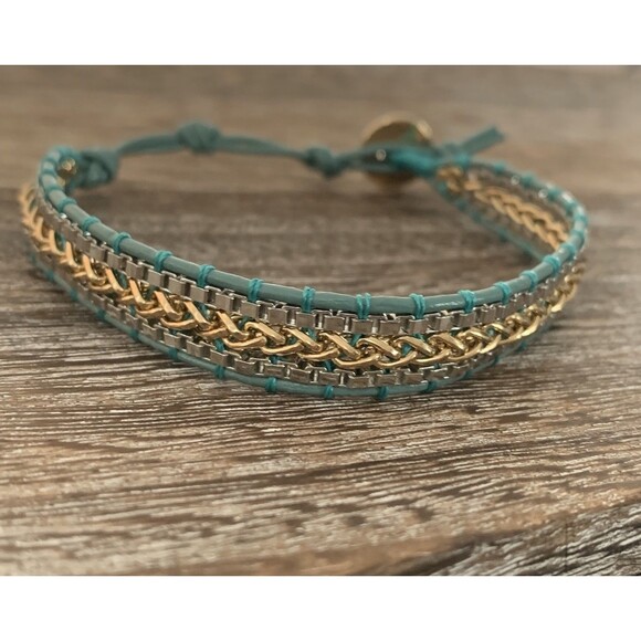 Stella & Dot Wrap Bracelet Silver & Gold Braided Teal Leather Cord Adj 6.5"-8.5" - Picture 3 of 12
